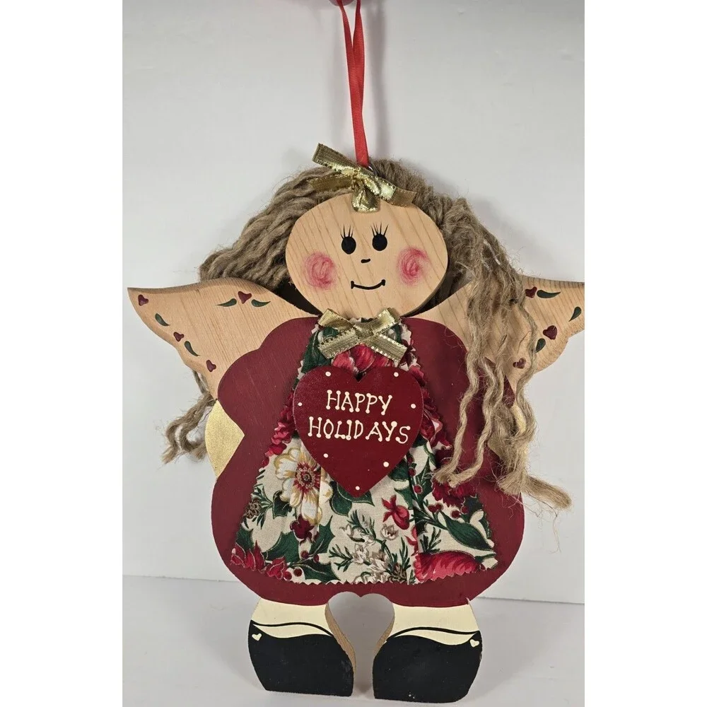 Vintage Christmas Happy Holidays Wooden Angel Plaque Handmade Folk Art JDI Inc